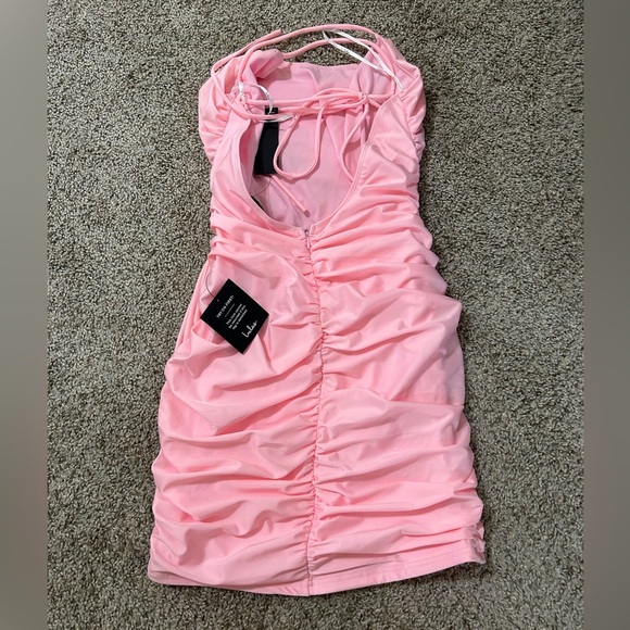 NWT Lulus Confident Allure Light Pink Ruched Lace-Up Bodycon Mini Dress Size L - Picture 4 of 10